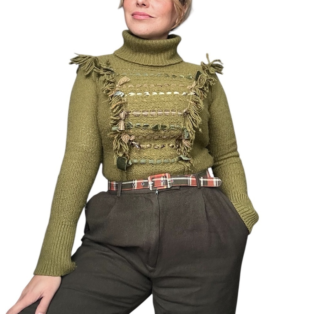 By Anthropologie Wool blend Turtleneck sweater wt Fringe and velvet details - S - Picture 2 of 13